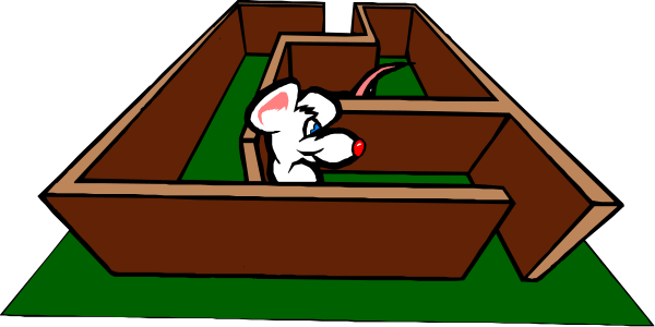 The image shows a cartoon of an anthropomorphic mouse sitting inside what appears to be a maze-like structure made out of cardboard boxes with walls painted brown on top of green flooring; there is no text present in this clip-art style illustration, and it does not depict any actions or interactions between objects.