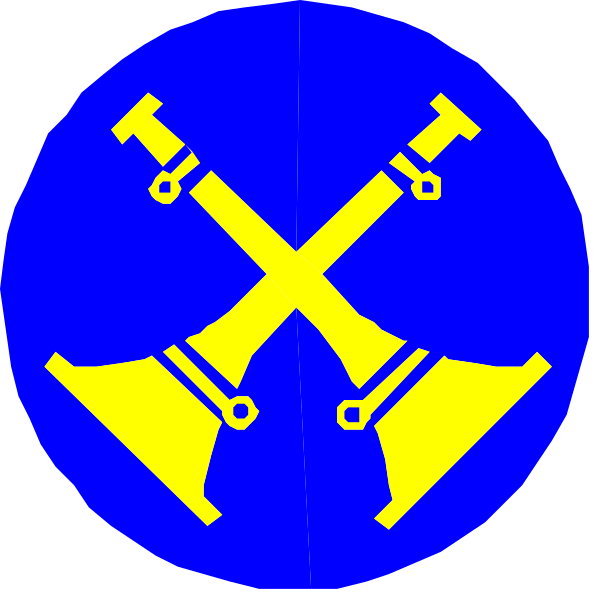 The image shows a blue circle with two crossed axes inside it on top of each other; below them is an illustration of three hammers in front of what appears to be a shield-like emblem, possibly representing firefighting equipment due to its design and color scheme.