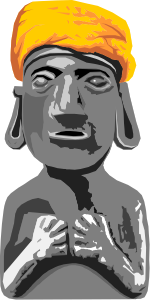 The image shows a stylized depiction of an indigenous figure with exaggerated facial features wearing a yellow headband; it is in black-and-white except for the colorful bandana on its forehead, which stands out against the monochrome background and character design.