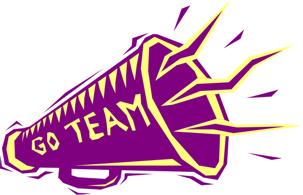 The image shows a purple megaphone with text that reads "GO TEAM" on it against an orange background.