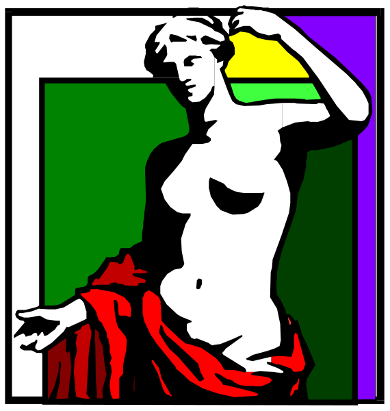 The image shows a classical nude figure of Venus with an oval frame around it on what appears to be a red background.