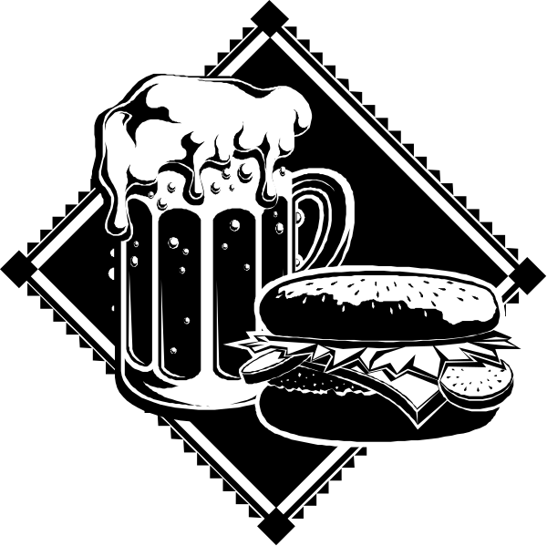 The black and white illustration shows a beer mug with foam on top next to two hamburgers; there is also an ice cream cone in front of them all.
