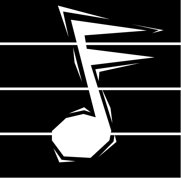 The black and white logo features a stylized musical note with an abstract design surrounding it on both sides.