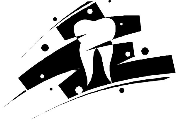 The black and white silhouette of a tooth with an open mouth against a dark background.