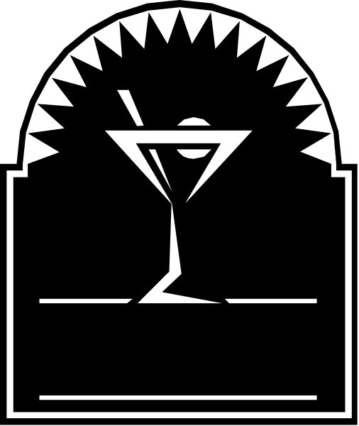 The black and white logo features a martini glass with an olive on top inside what appears to be an archway design that could represent a building facade or decorative element in architecture.