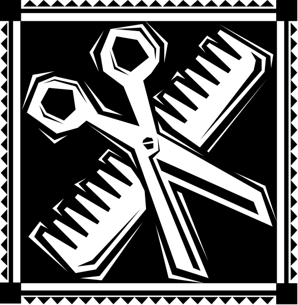 The image shows a black and white illustration of scissors with an open pair forming a cross shape at their center, surrounded by three pairs of pliers in various orientations around them on what appears to be a background that resembles a brick wall or patterned fabric.