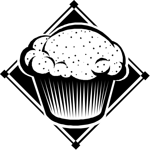 The black and white illustration shows a cupcake with icing on top of it inside an ice cream cone shape container. There is no text present in this image. This appears to be clip-art, which typically has simple lines without shading for coloring purposes. It's not possible to determine the specific type or flavor of the cake from a black and white illustration alone.