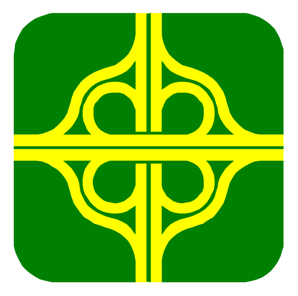 The image shows a stylized icon of an interlocking road sign with two arrows forming a circle around it on a green background inside a square frame.