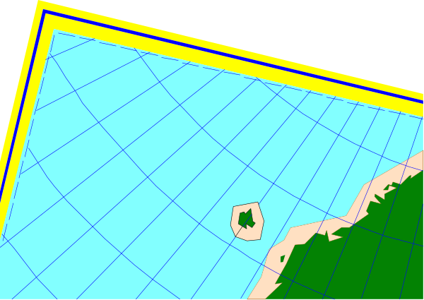The image shows a stylized map with an overlaid grid pattern on it, featuring land masses such as islands and coastlines in various shades of blue representing water bodies, along with some yellow areas that could represent different types of terrain like mountains or deserts. There is also what appears to be a small icon resembling the shape of North America at its northernmost point near Alaska on one side of the map. The image has an informative and educational appearance due to its simplified representation, likely intended for illustrating geographical features in a schematic manner rather than as realistic