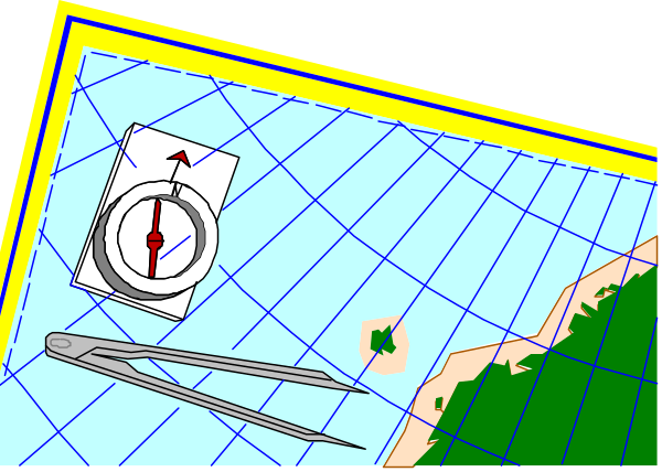 The image shows a cartoon depiction of an underwater scene with various marine life forms such as fish swimming around, including one that appears to be shark-like in nature; there is also a compass rose and some other nautical equipment like scissors or pliers on the bottom right.