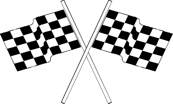 The image shows a black and white checkered flag graphic with two crossed flags on either side of it against a dark background.