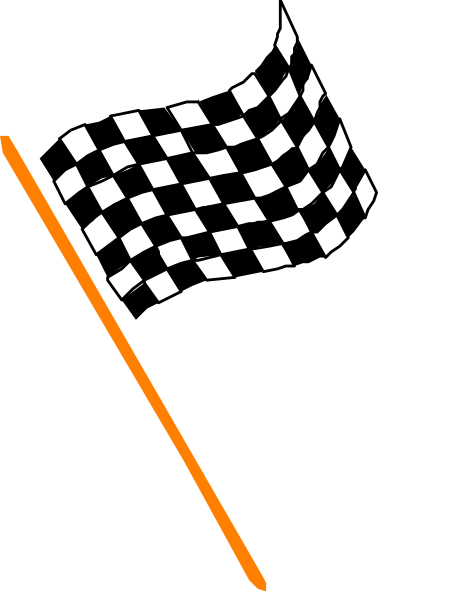 The image shows a black flag with white checkered patterns on it next to an orange trophy that has "1st" written in white letters above two crossed flags of different designs; one is red and blue, while the other appears to be silver and gold.