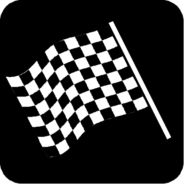 The black and white checkered flag on a pole with an open book behind it.