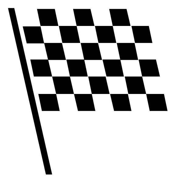 The image shows a black checkered flag with white borders on it against a dark background to its left side.