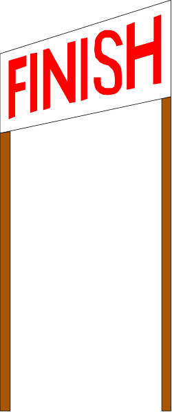 The image shows a sign with text that reads "FINISH" on it against an abstract background featuring geometric shapes.