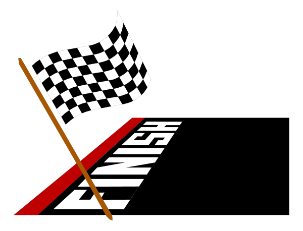 The image shows a black flag with white text that reads "RALLY" at the top left corner next to an icon of a checkered racing flag on its right side; below this is another smaller red, yellow and blue striped banner-like design resembling a race track or finish line.