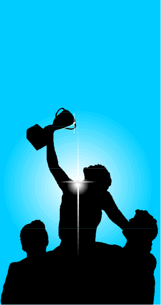 The silhouette of a person holding up an award with another figure standing behind them against a blue sky background.