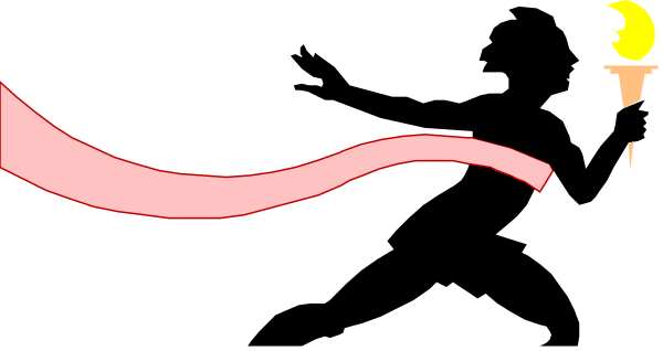 The image shows a person running with their arms outstretched against an abstract background that resembles a wavy ribbon in shades of pink and purple.