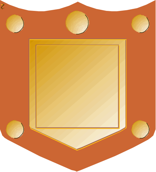 The image shows a shield with an emblem inside it on top of what appears to be a coat of arms design featuring heraldic elements such as circles around two crossed swords atop a crown-like symbol, all set against a red background within a gold border that has small dots along the edges.