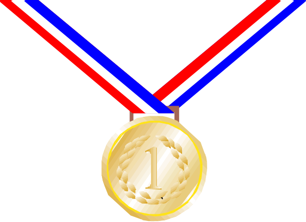 The image shows a medal with ribbons attached to it on top of another similar gold medal that has an emblem in its center; both medals have blue backgrounds at their bases.