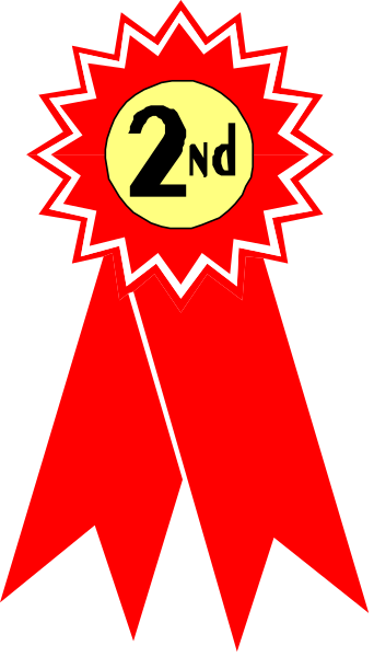 The image shows a red ribbon with white text that reads "2nd" on it, indicating second place achievement, attached to an award-like object which is partially visible in front of what appears to be a blue background and possibly some sort of emblem or logo at its center.