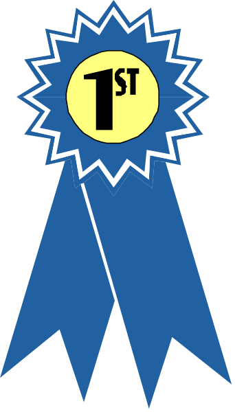 The image shows a blue ribbon with text that reads "1st Place" at the top left corner of it, followed by an asterisk symbol in yellow on its right side. Below this is another line of text stating "Best," and beneath that there's a graphic representation resembling a trophy or medal featuring two crossed swords pointing upwards with their handles facing downward towards each other at the bottom center part of it, all set against a white background.