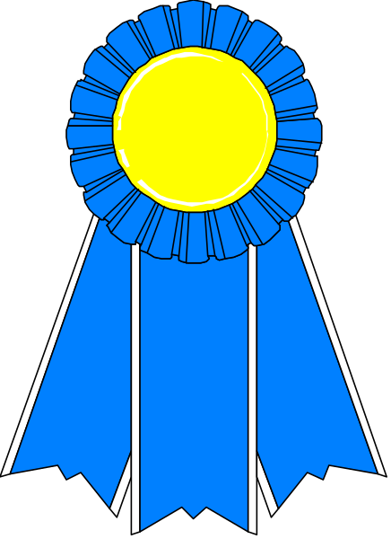 The image shows a blue ribbon with gold trim around it on which there is an illustration of a yellow medal at its center.