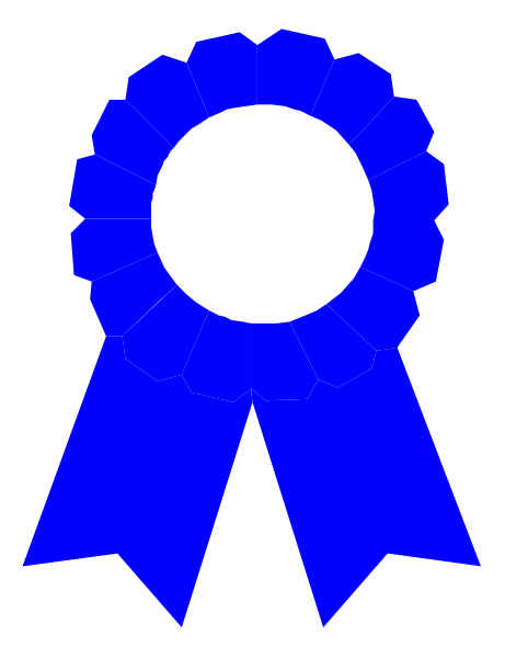 The blue ribbon with a white circle on it signifies an award of some sort.
