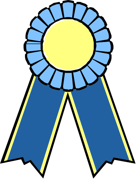 The image shows a blue ribbon with gold trim around it on which there is an illustration of a yellow medal at its center.