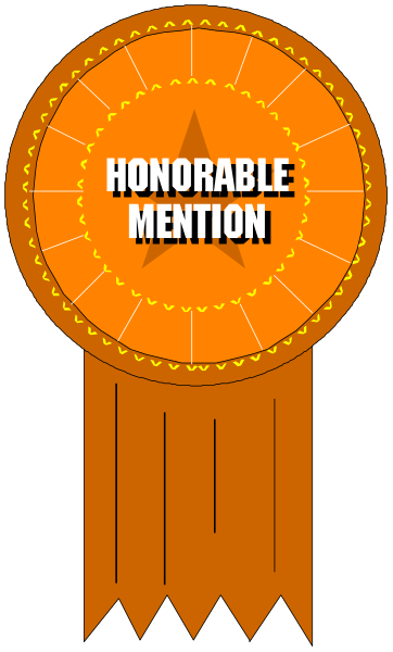 The image shows a ribbon with an orange background that reads "Honorable Mention" on it, placed over what appears to be a badge-like emblem in white text at its center.