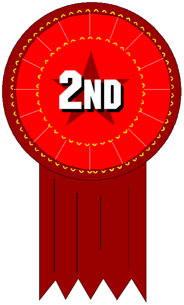 The image shows a red ribbon with white text that reads "2nd" on it, placed over an award-like graphic of two crossed swords in front of which is another smaller shield bearing the number 1 and some stars around its border. There's also a small crown atop one sword blade. This entire composition appears to be part of a digital or printed badge design with a red background, possibly for an event like a competition where second place has been achieved. The style is graphic and resembles clip-art commonly used in certificates or awards.