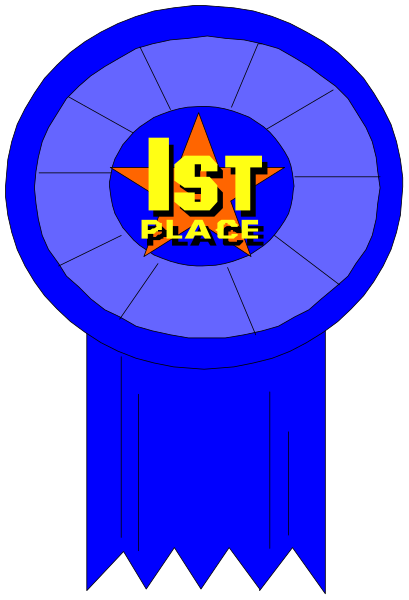 The image shows a blue ribbon with text that reads "1st Place" on it, featuring an award-like design in front of what appears to be a trophy stand against a gray background.