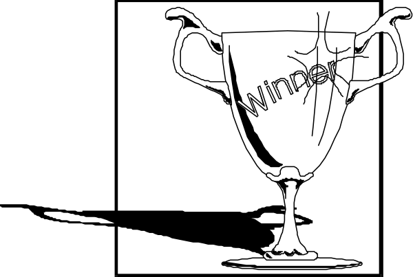 The black and white image shows a trophy with text that reads "WINNER" on it placed next to an award plaque in front of what appears to be water damage indicating flooding has occurred around them, suggesting some form of celebration despite adverse conditions or circumstances.
