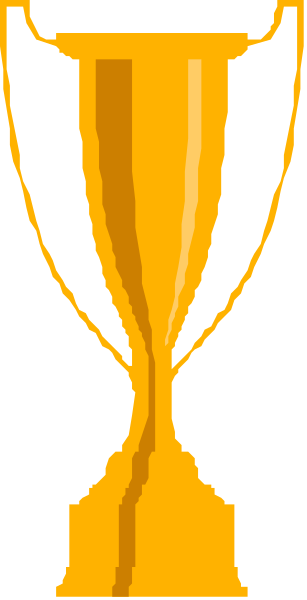The image shows a trophy with two handles on either side of it against an orange background that has black stripes at its bottom edge.