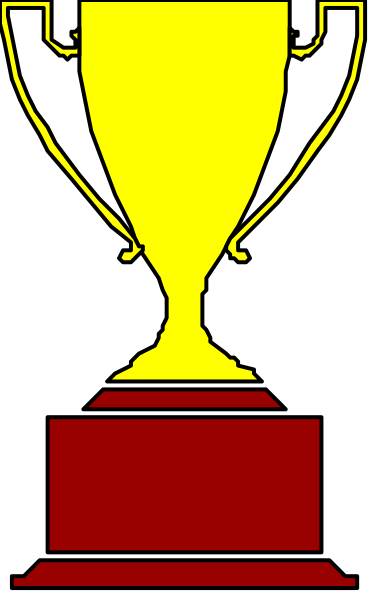 The image shows a trophy with two handles on either side of it, placed against an orange background that has black stripes at its bottom edge.