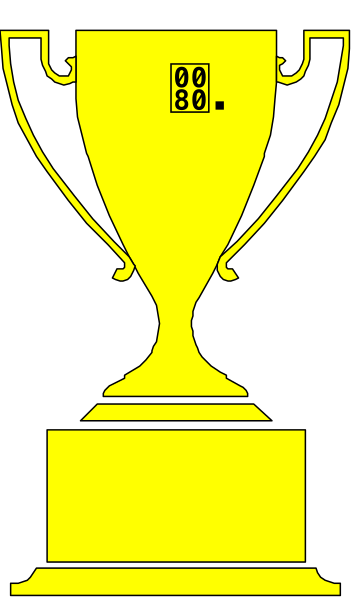 The image shows a trophy with an emblem on it placed next to what appears to be a scoreboard displaying "086".