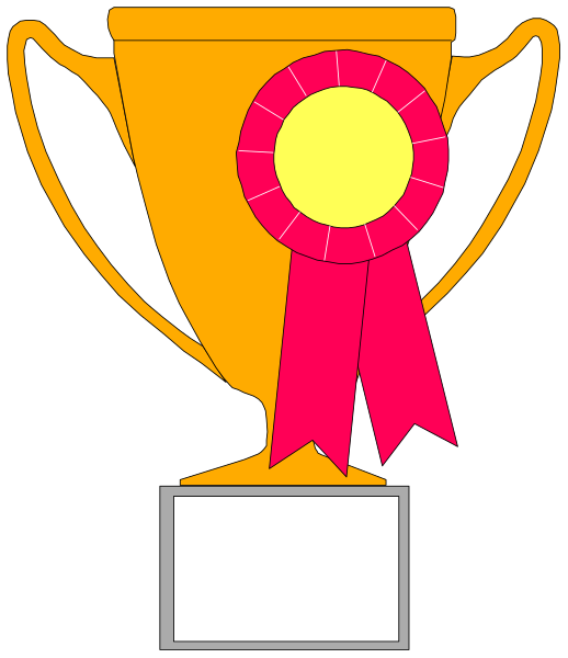 The image shows a trophy with ribbons on it placed against an orange background.