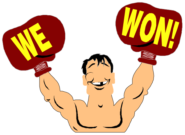 The image shows a cartoon of two boxing gloves with text on them that reads "WE WON" above each glove.