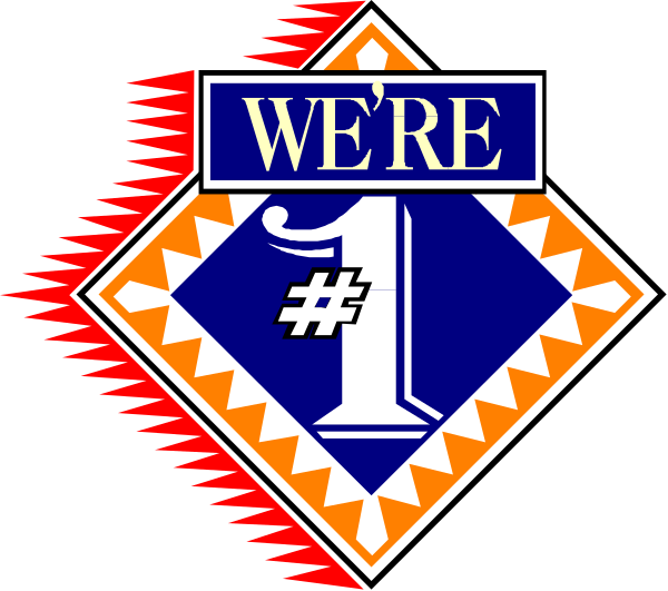 The image shows a graphic with text that reads "WE'RE #1" at the top right corner on an orange background within a blue diamond shape border. Below this is another line of white text stating "# 2". In front, there appears to be a shield-like emblem featuring what looks like two crossed swords or keys and below them are three stars in descending order from left to right with the largest at the bottom center. The background behind these elements has an abstract design resembling waves of color transitioning between blue on top and red towards the bottom, creating a gradient
