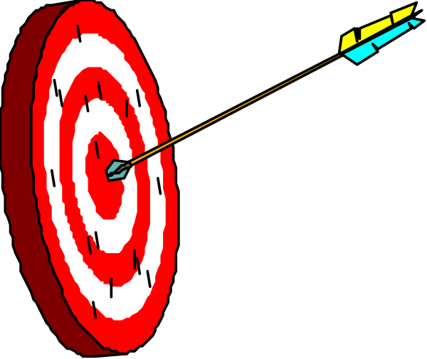 The image shows a darts game with two bullseye targets on either side of an arrow pointing towards them; there is no text present in this clip-art illustration.
