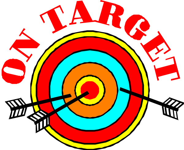 The image shows a colorful bullseye with an arrow pointing at it from above, set against a black background; on top of this is text that reads "ON TARGET" in bold white letters.