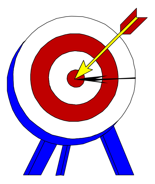 The image shows a darts game with an arrow pointing at the bullseye of a target board that has red rings around it; there is no text present in this clip-art illustration.