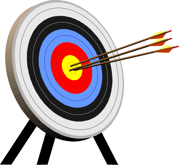 The image shows a darts game with three arrows pointing at an archery target that has concentric circles of red, yellow, green, blue, black, white, brown, orange, pink, purple, and gray from outer to inner rings respectively; there is no text or people in the scene.