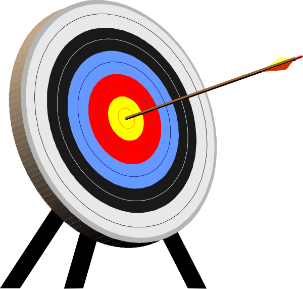 The image shows a darts game with three arrows pointing at different sections of an archery target: red for bullseye, yellow for outer ring, blue for inner circle; wooden board is brownish-orange and has concentric circles as targets.