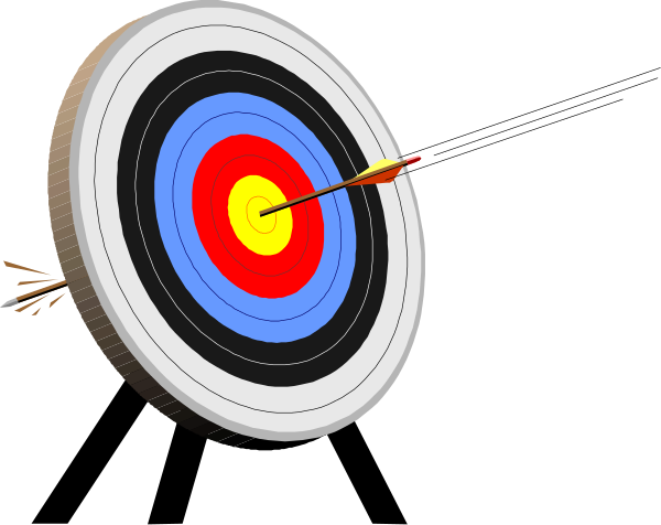 The image shows a target with an arrow through it next to another archery bullseye that has arrows pointing towards its center from above; there is no text present in this clip-art illustration of two darts hitting targets, one being hit and the other not yet reaching its destination.