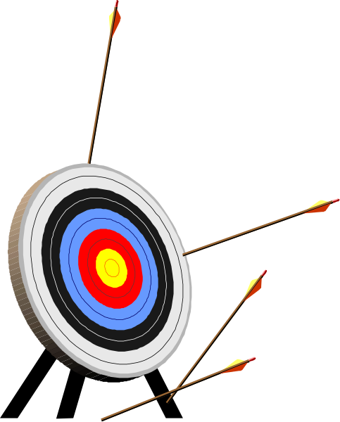 The image shows a target with three arrows stuck into it against a black background.