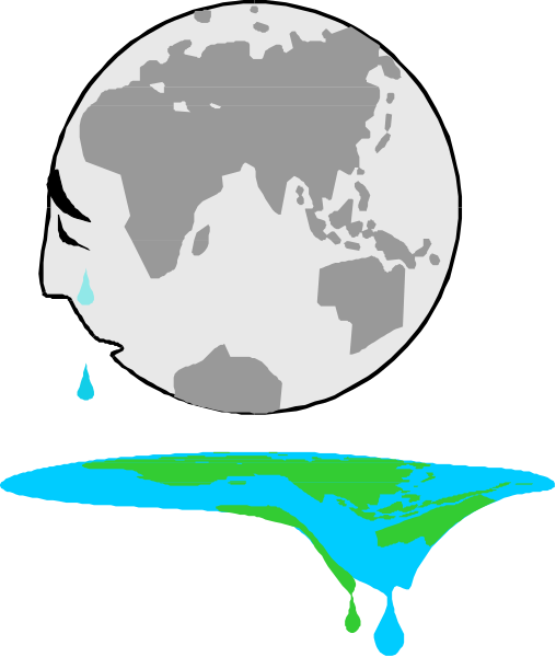 The image shows a black background with white text at top that reads "WATER" followed by an illustration of Earth in space on its side; below this is a depiction of water droplets falling from what appears to be a cloud, creating ripples and splashes as they hit the surface.