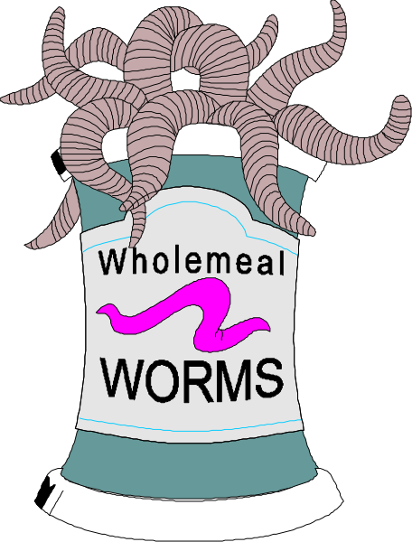 The image shows a cartoon of an octopus with tentacles wrapped around what appears to be a jar labeled "WHOLEMEAL WORMS."