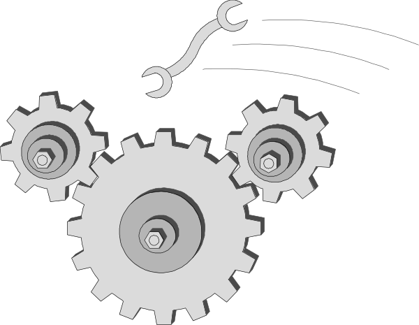 The black and white illustration shows a cartoon of gears with teeth on them connected to each other by rods in various positions suggesting movement; there is also an image of what appears to be a hand holding a wrench, positioned above one gear as if it's about to turn or adjust the position.
