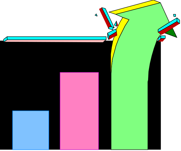 The image shows a colorful bar graph with three bars of different heights against a black background on top left corner; below it is another smaller graphic resembling an escalator going upwards to right side, and next to this illustration there's a small clip-art figure that appears to be in motion or falling.